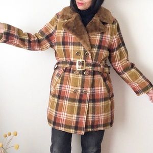 70s Vintage plaid coat double breasted faux fur collar brass buckle belt M